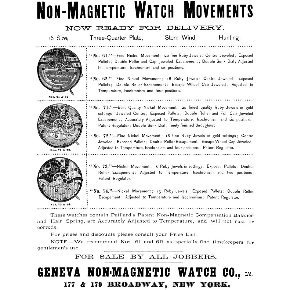 Geneva Non-Magnetic Watch Company Advertisement, The Jewelers’ Circular and Horological Review, December 1887 [NAWCC Library]