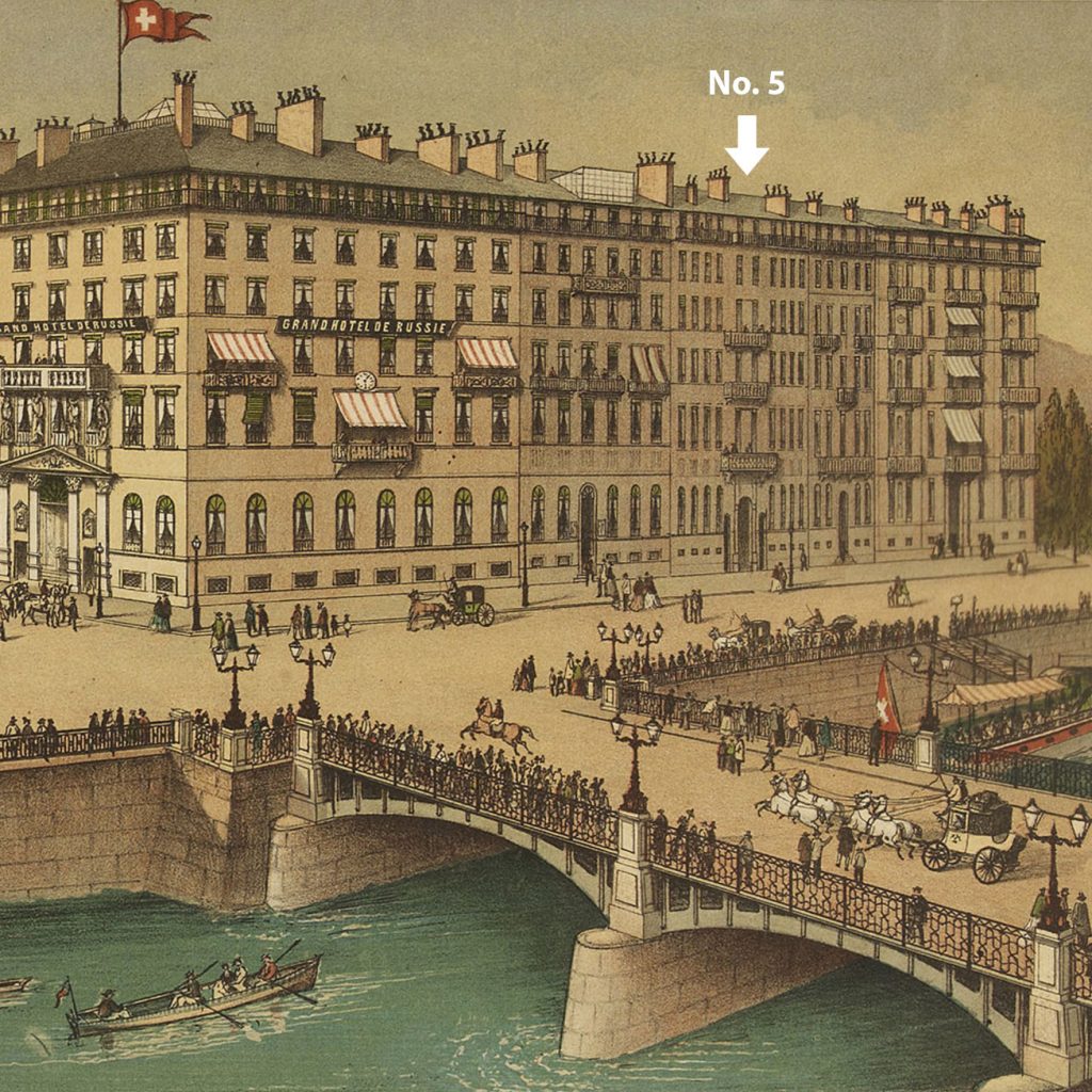 Location of Geneva Non-Magnetic Watch Company Headquarters in the Mont-Blanc complex in Geneva (Middle Building), Promotion for the Grand Hotel de Russie, c.1880s.