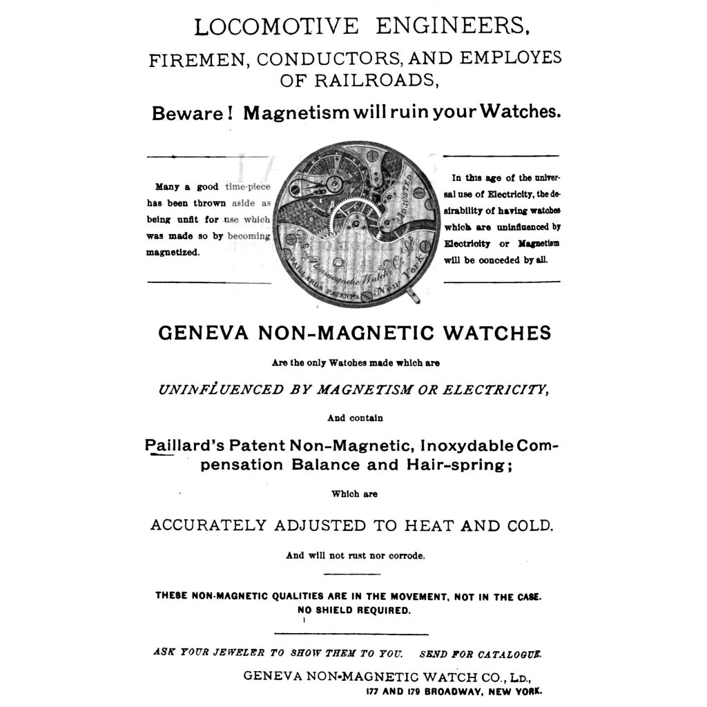 Geneva Non-Magnetic Watch Company Advertisement, Locomotive Engineers’ Journal, August 1887