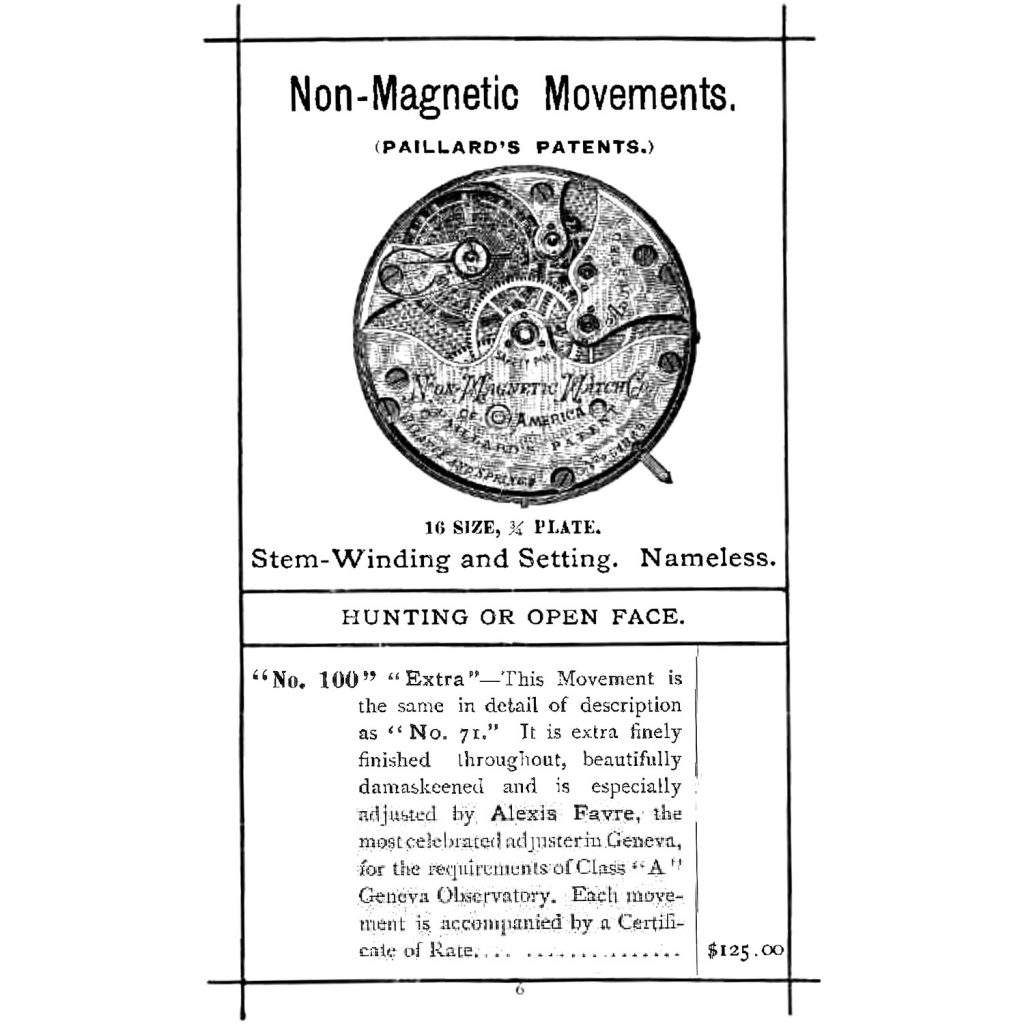 Non-Magnetic Watch Company Grade No. 100 Extra, Especially Adjusted by Alexis Favre, 1888 Catalog Page Reproduced in the June 1989 Issue of the NAWCC Bulletin, “Non-Magnetic Watch Co. of America”
