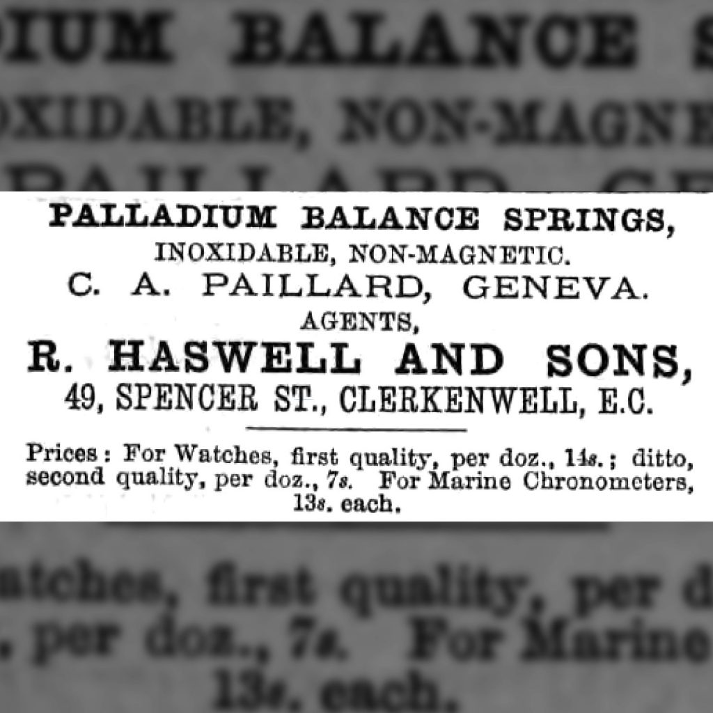 Advertisement by R. Haswell and Sons for Paillard’s Palladium Balance Springs, The Horological Journal, July 1883