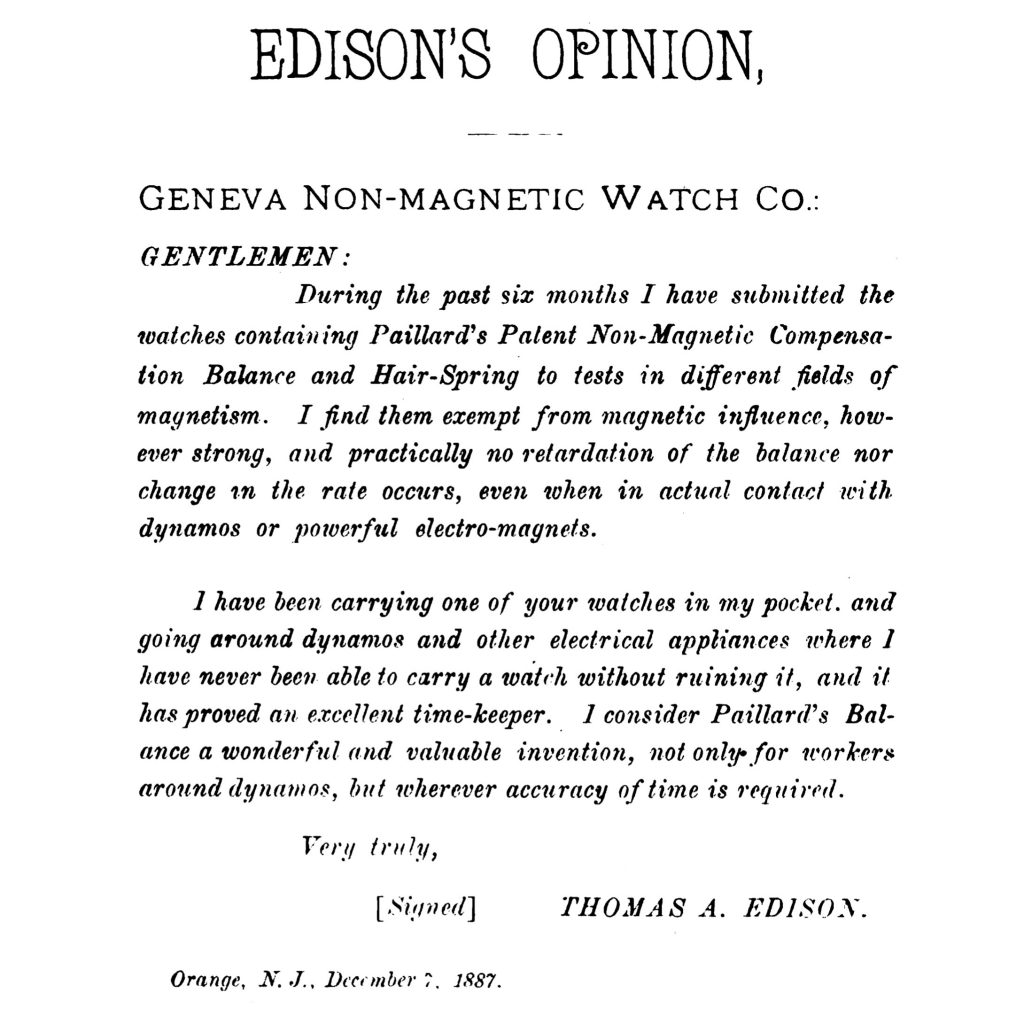Thomas Edison’s Endorsement of the Non-Magnetic Watch Co., Locomotive Engineers’ Monthly Journal, February 1888.