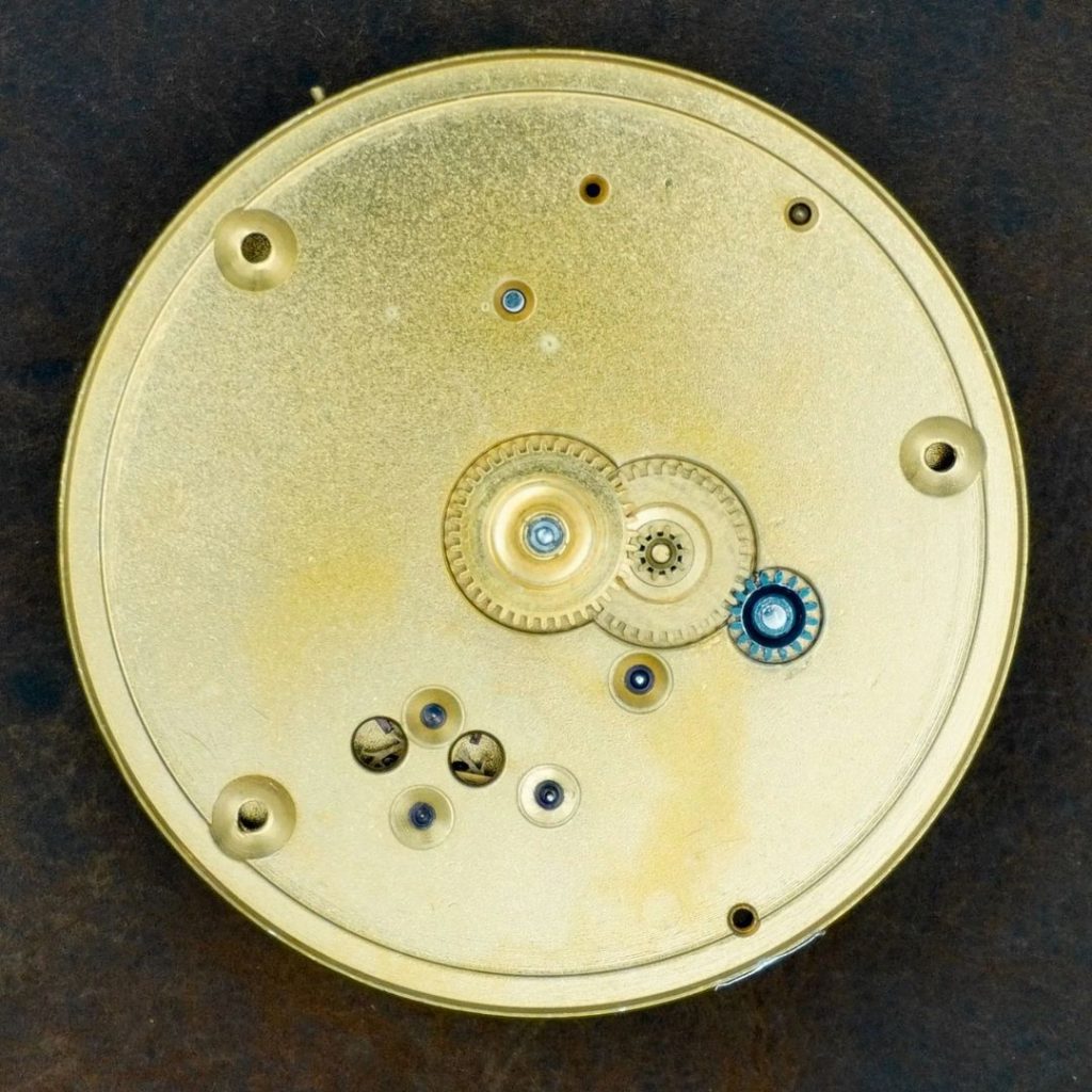 Crescent St., 18-Size, Key-Wind, Key-Set, Gilt Plates, 15 Jewels, Woerd's 1870 Patent Regulator, Gold Balance Screws, c.1871. Under Dial.