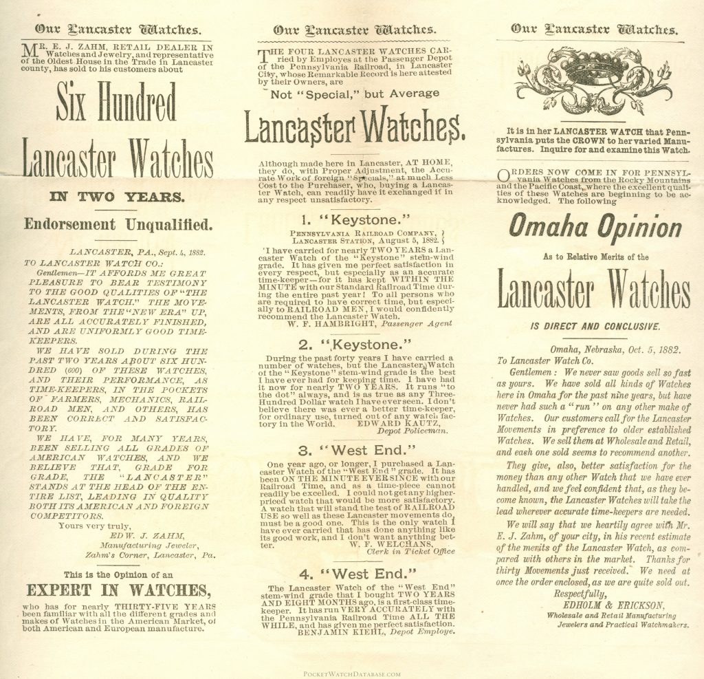 c.1883 Lancaster Watch Company Advertisement