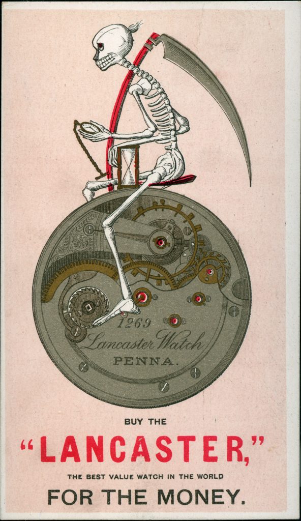 c.1880 Lancaster Watch Co. "Grim Reaper" Trade Card