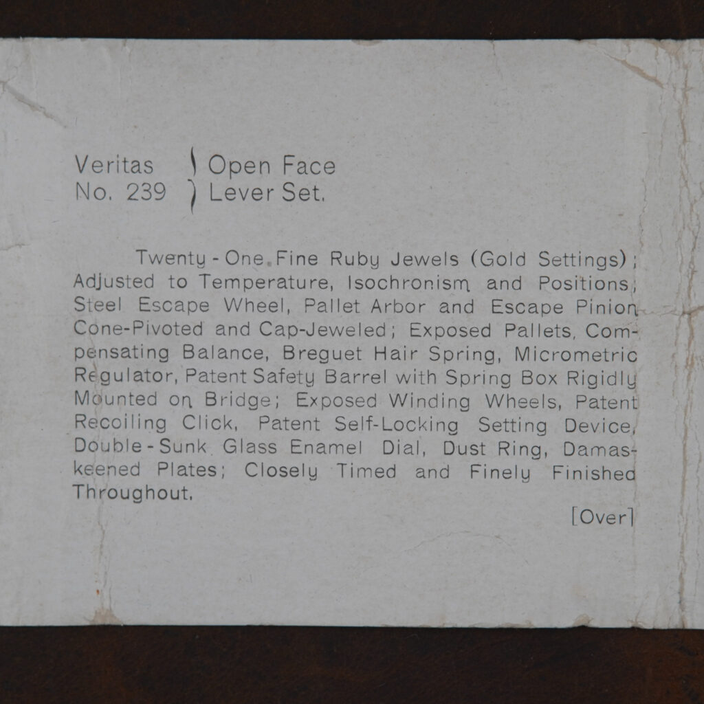 c.1904 Elgin 239 Veritas with the Original Box and Certificate Card: Certificate Card