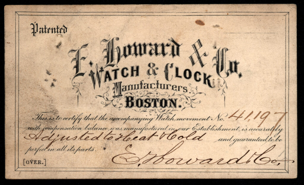 E. Howard & Co. Certificate Card for Watch Movement #41,197