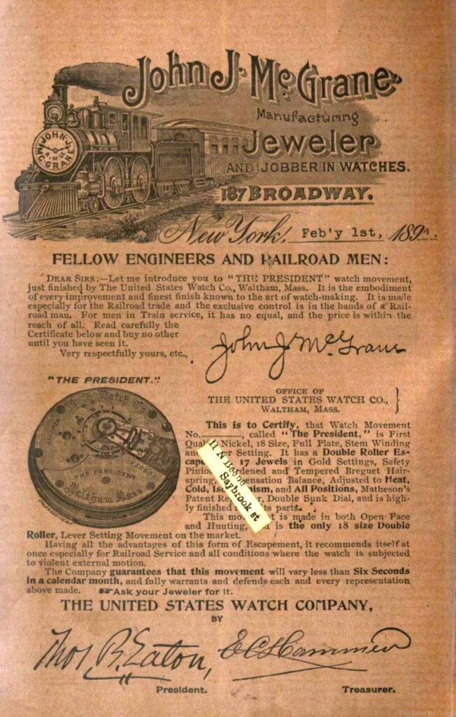 "The President" Advertisement by John J. McGrane, Journal of the Brotherhood of Locomotive Engineers, September 1894