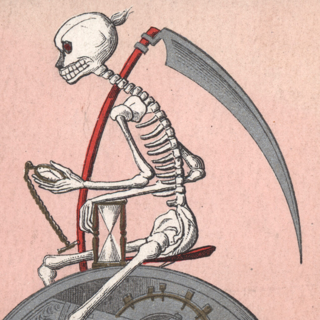 Lancaster Watch Grim Reaper Penny-Farthing Trade Card, c.1880 Closeup