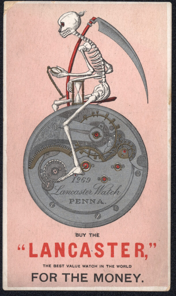 Lancaster Watch Grim Reaper Penny-Farthing Trade Card, c.1880