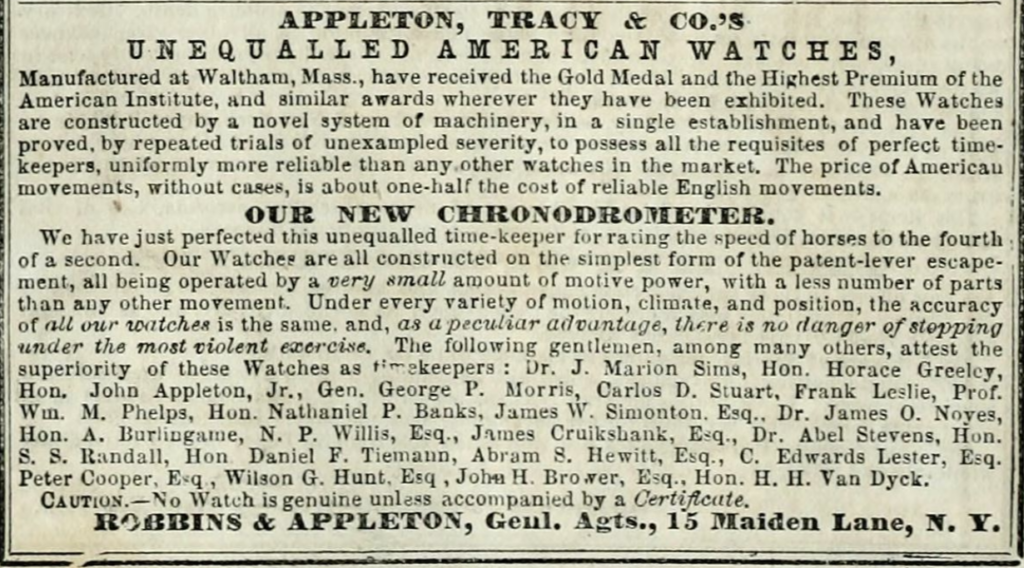 The Chronodrometer Advertisement, The Tribune Almanac 1859