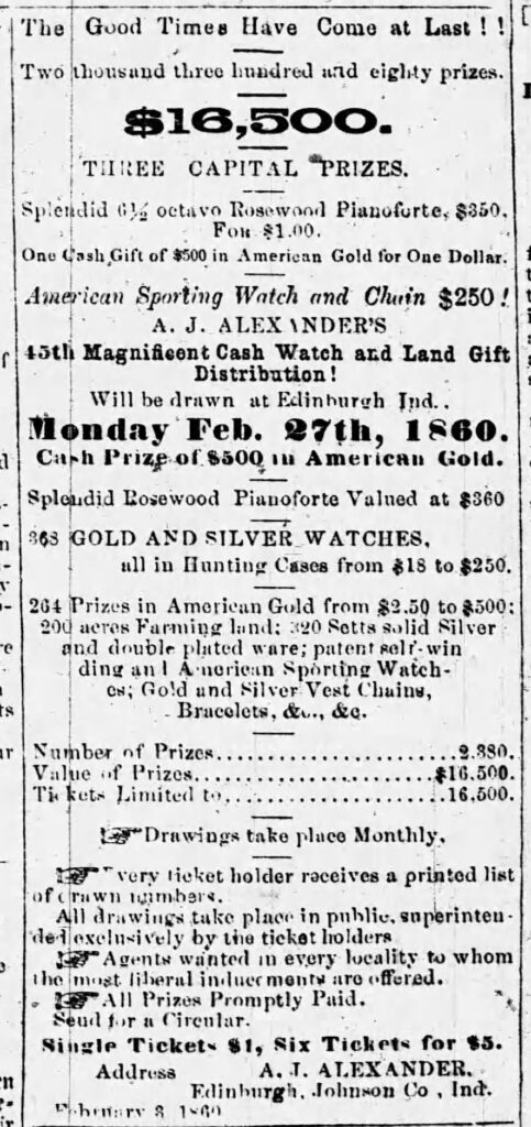Advertisement published by A.J. Alexander in the February 17, 1860 issue of The Dearborn County Register