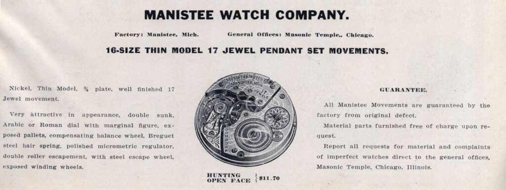 Excerpt from the 1912 Norris, Alister & Co. Catalog Promoting the 16-Size Manistee Watch Company Movement