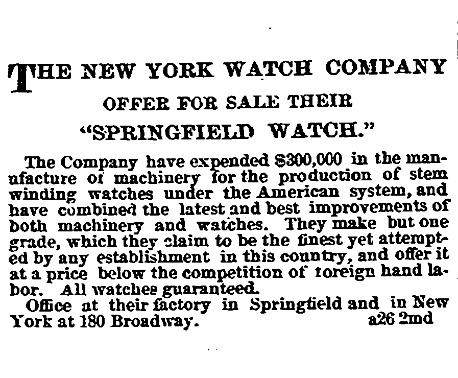 The "Springfield Watch" Advertisement, The Springfield Republican, April 26, 1868