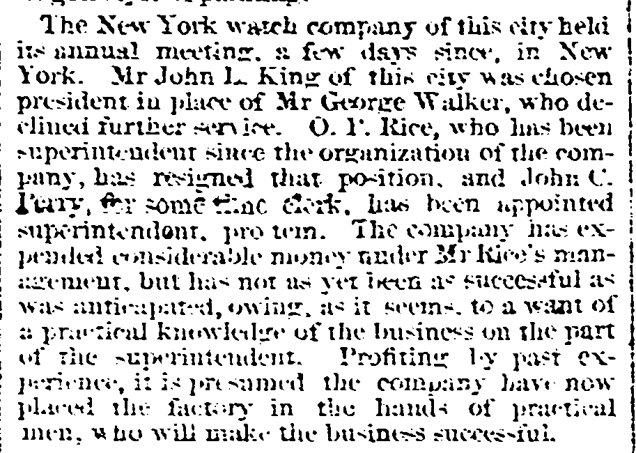 New York Watch Company Restructuring, The Springfield Republican, December 28, 1869