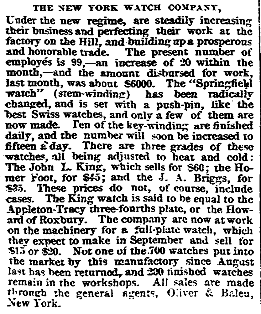 Report on Activity at the New York Watch Company, Springfield Republican, April 26, 1870