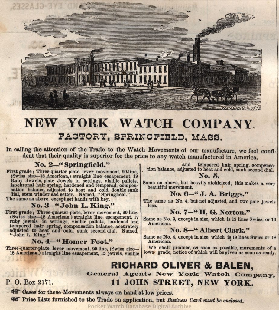 Richard Oliver & Balen Ad Describing New York Watch Company Movements, The Watchmaker and Jeweler, December 1869