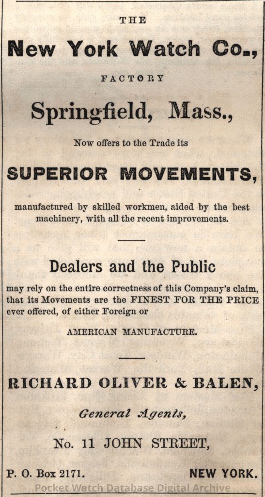 Richard Oliver & Balen Ad Promoting New York Watch Company Movements, The Watchmaker and Jeweler, March 1870