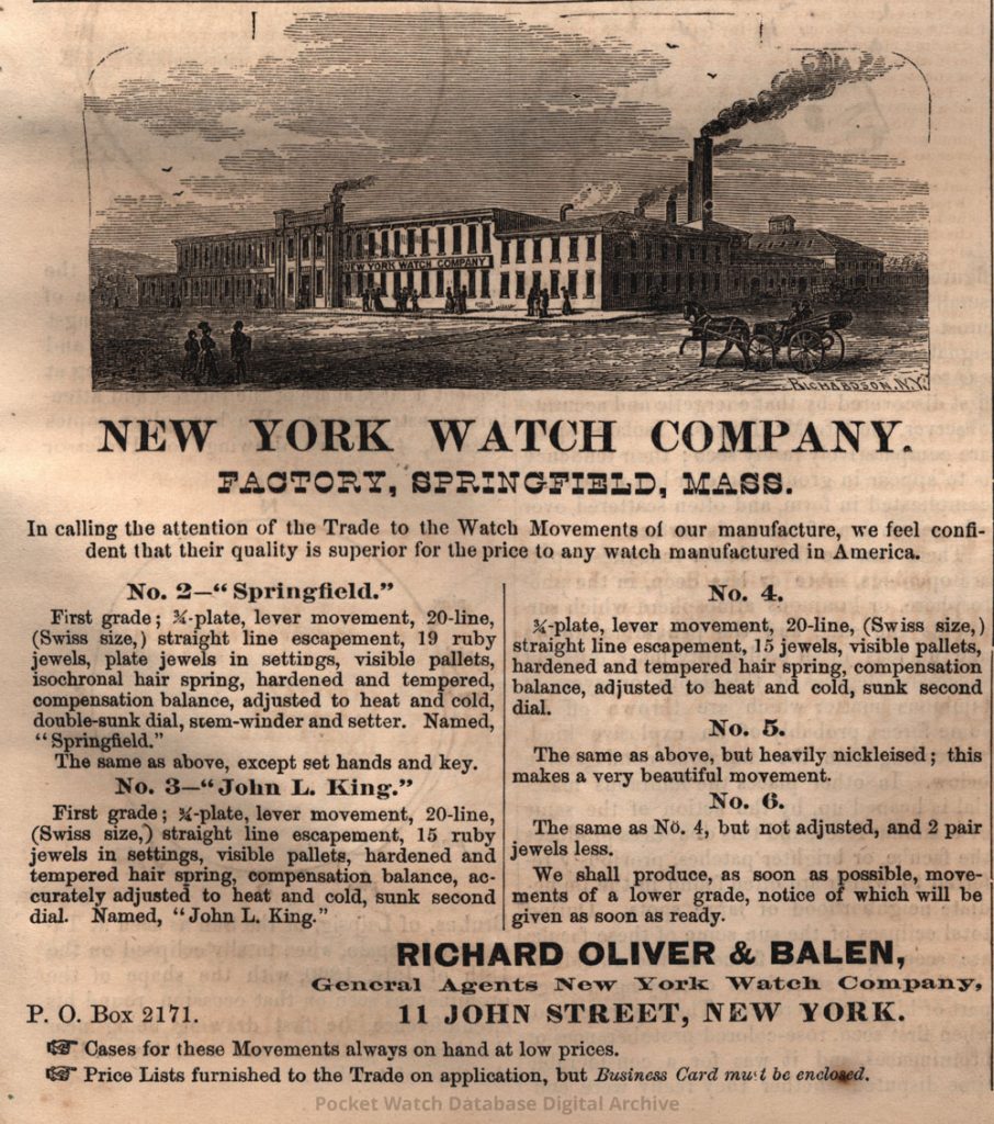 Richard Oliver & Balen Ad Describing New York Watch Company Movements, The Watchmaker and Jeweler, December 1869