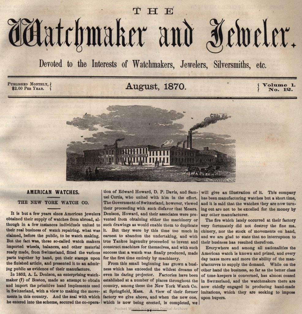 New York Watch Company Article
The Watchmaker and Jeweler, August 1870