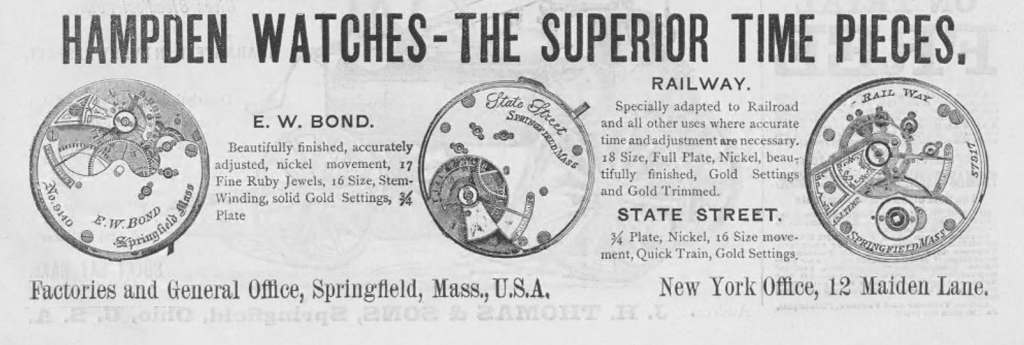 Hampden Watch Co. Advertisement Showing the E.W. Bond, State Street, and Rail Way Movements, Published in the Rural New Yorker, 1880