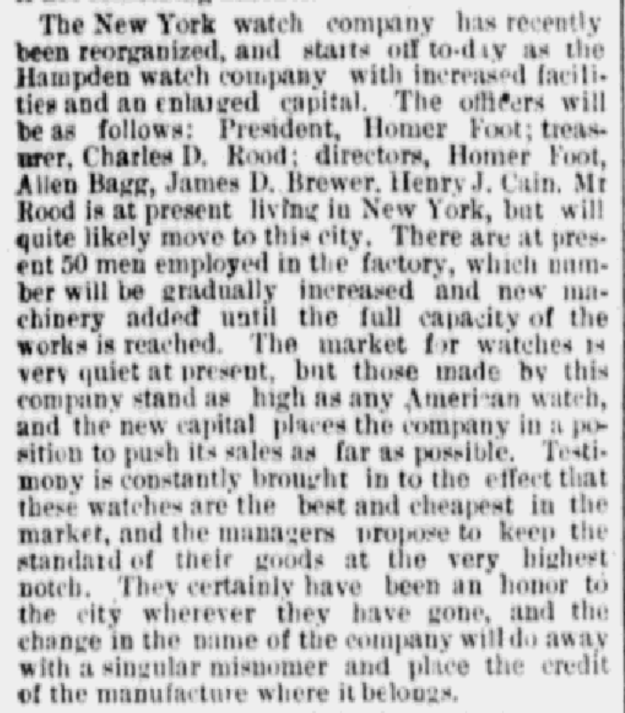 The Springfield Daily Republican
Wednesday, May 23, 1877. The organization of the Hampden Watch Company.