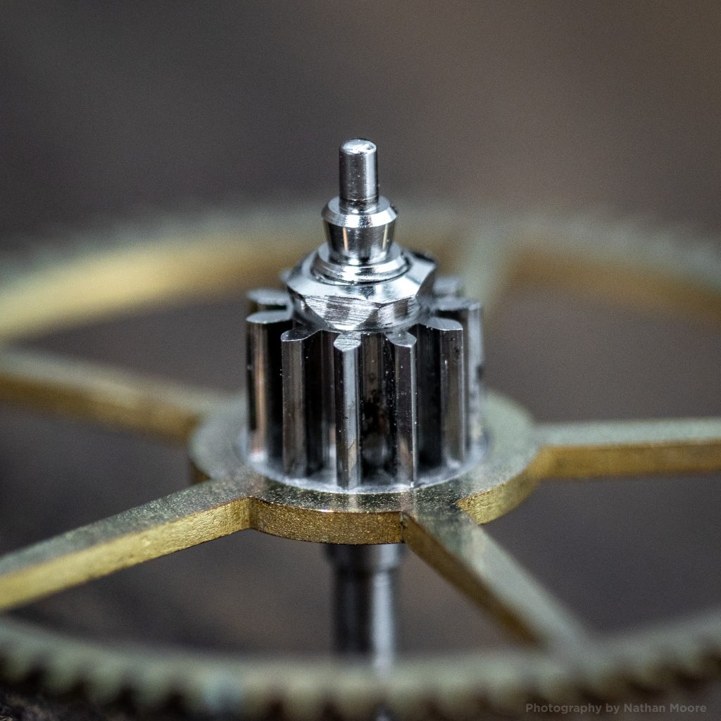 Merritt Burt's Patent Safety Pinion: Showing Center Wheel, Pinion, Nut, and Threaded Arbor