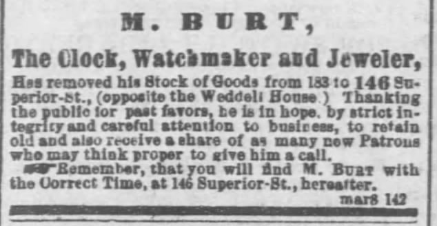 Merritt Burt - Clock, Watchmaker and Jeweler
The Cleveland Leader and Morning Herald
Cleveland, Ohio
Wed, Mar 16, 1864