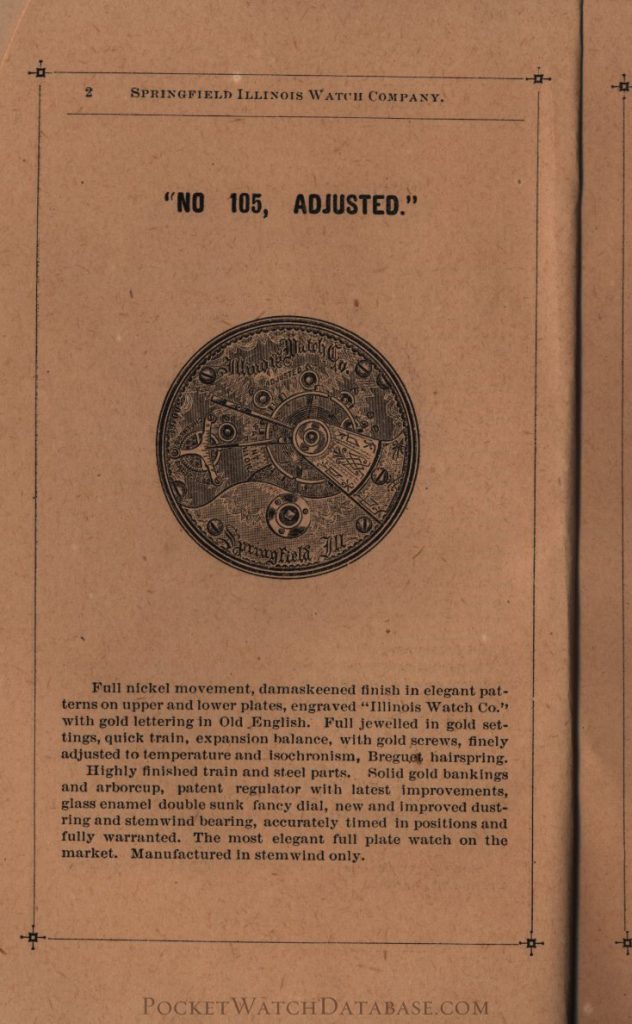 Description of the Illinois Watch Company Grade 105 in the 1884 Illinois Watch Catalog