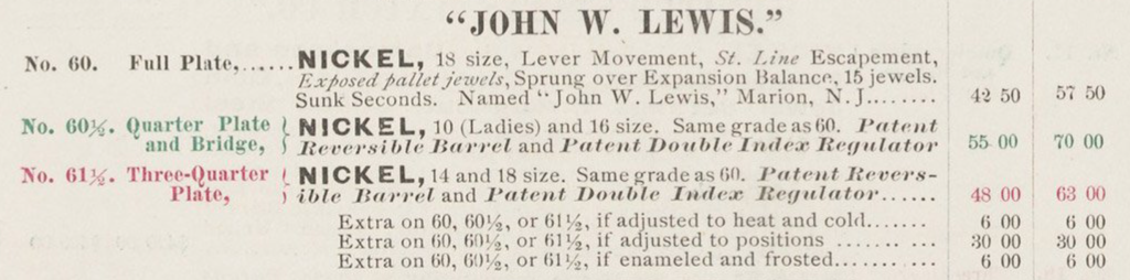 1872 United Staes Watch Co. Catalog Excerpt Showing the "John W. Lewis" Movement Description