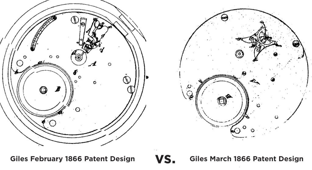 Comparison of Giles' February 1866 patent (left) and his March 1866 patent (left)