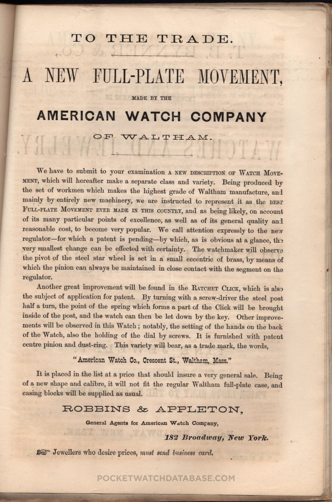 Waltham Model 1870 Crescent Street Advertisement by Robbins & Appleton, American Horological Journal, March 1870