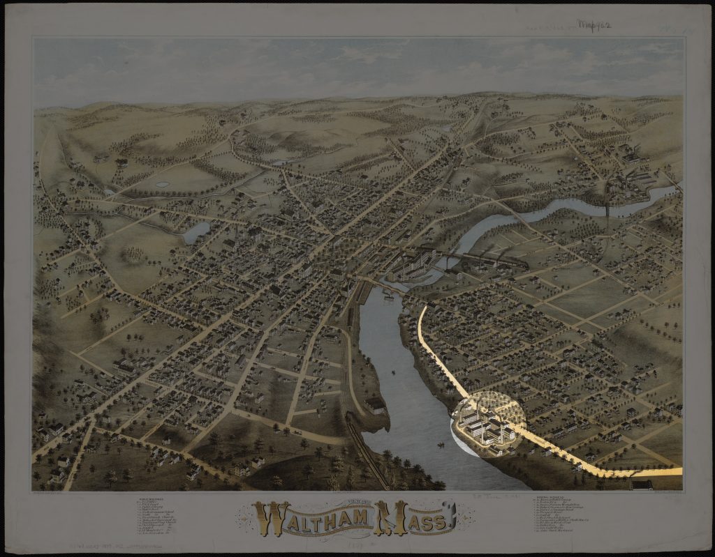 Panoramic Map of Waltham, Mass. Showing Crescent Street and the American Watch Company Factory, 1877