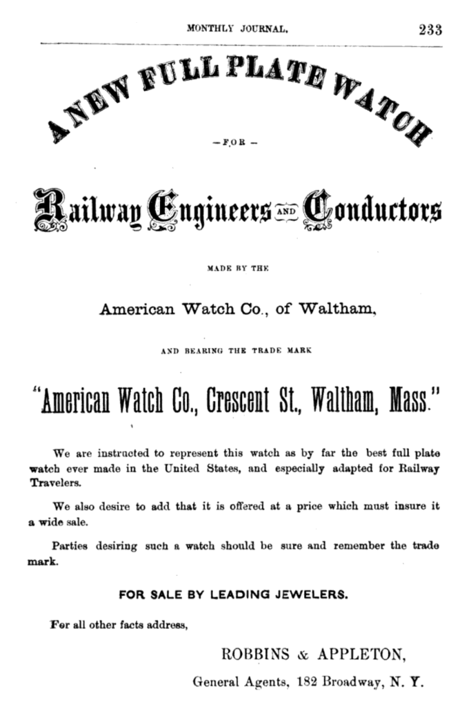 Crescent St. Advertisement Published in the May 1870 Issue of The Locomotive Engineers' Monthly Journal