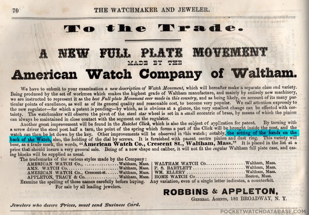 Earliest Crescent Street Advertisement (Robbins & Appleton), The Watchmaker and Jeweler, December 1869
