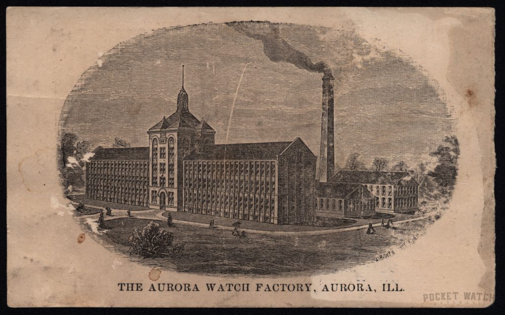 c.1885 Aurora Watch Company Trade Card, Engraving of Aurora Factory