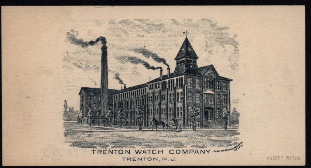 c.1890 Trenton Watch Company Trade Card, Reverse Showing Factory Scene