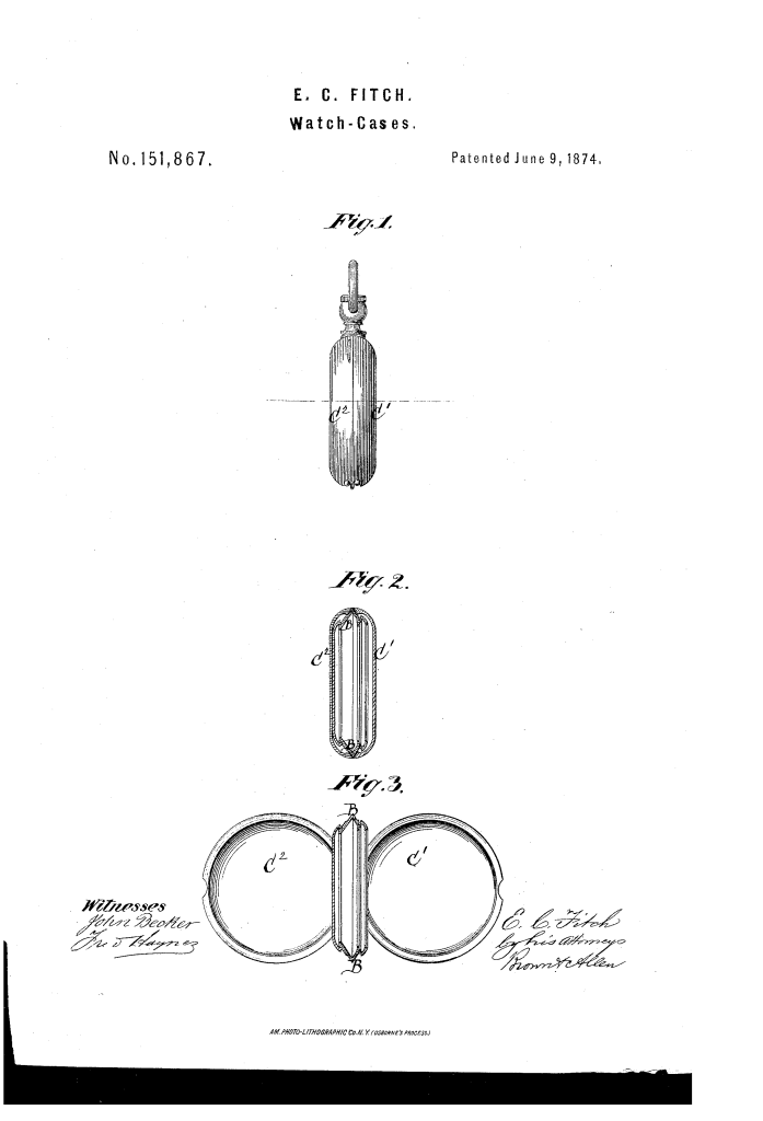 U.S. Patent #151867
Ezra C. Fitch "Beveled Invisible Centre" Patented Watch Case Design