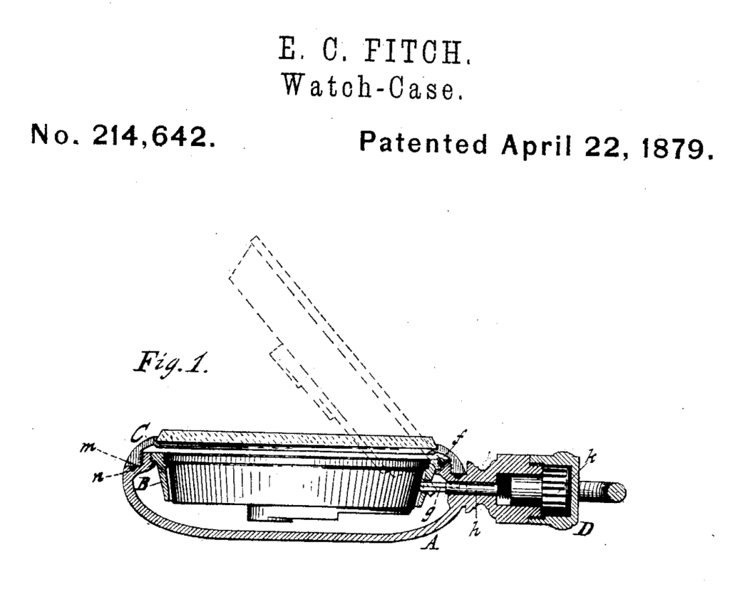 U.S. Patent #214642
Swing-Ring Dust Proof Watch Case Design by Ezra C. Fitch