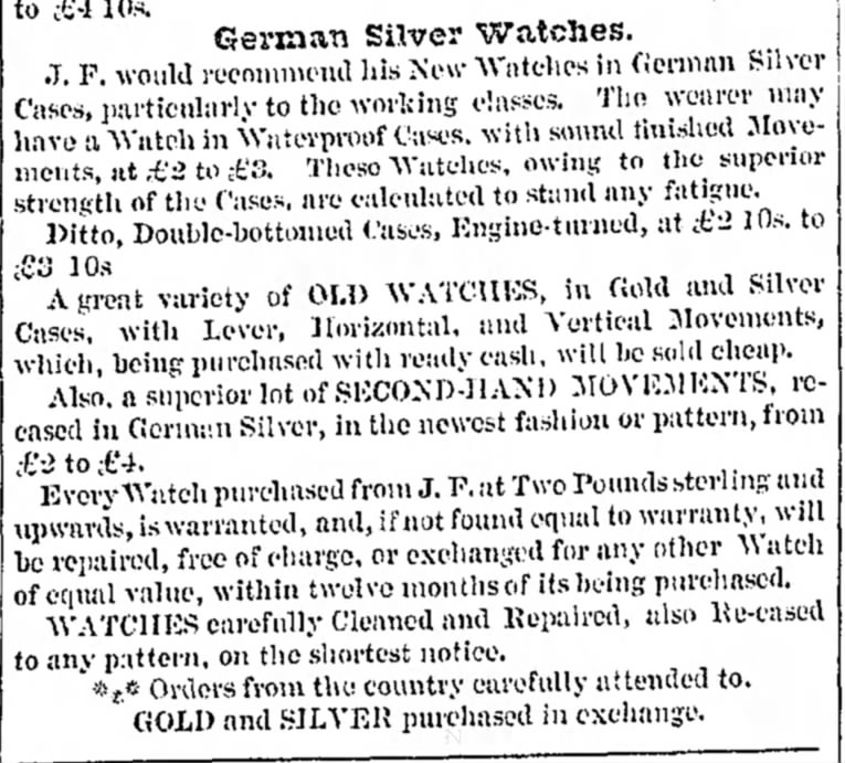 1837 Advertisement For "German Silver Watches" - Aberdeen Journal, and General Advertiser for the North of Scotland, Apr 26, 1837