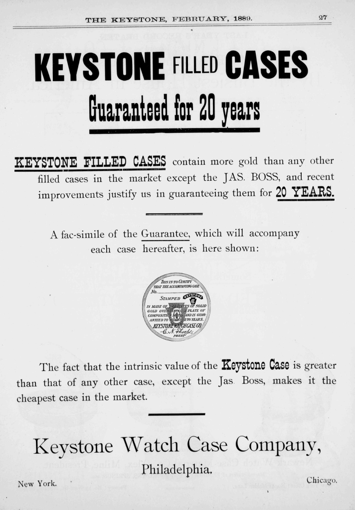 Keystone Watch Case Company Advertisement for their Gold-Filled Watch Case Guaranteed for 20 Years