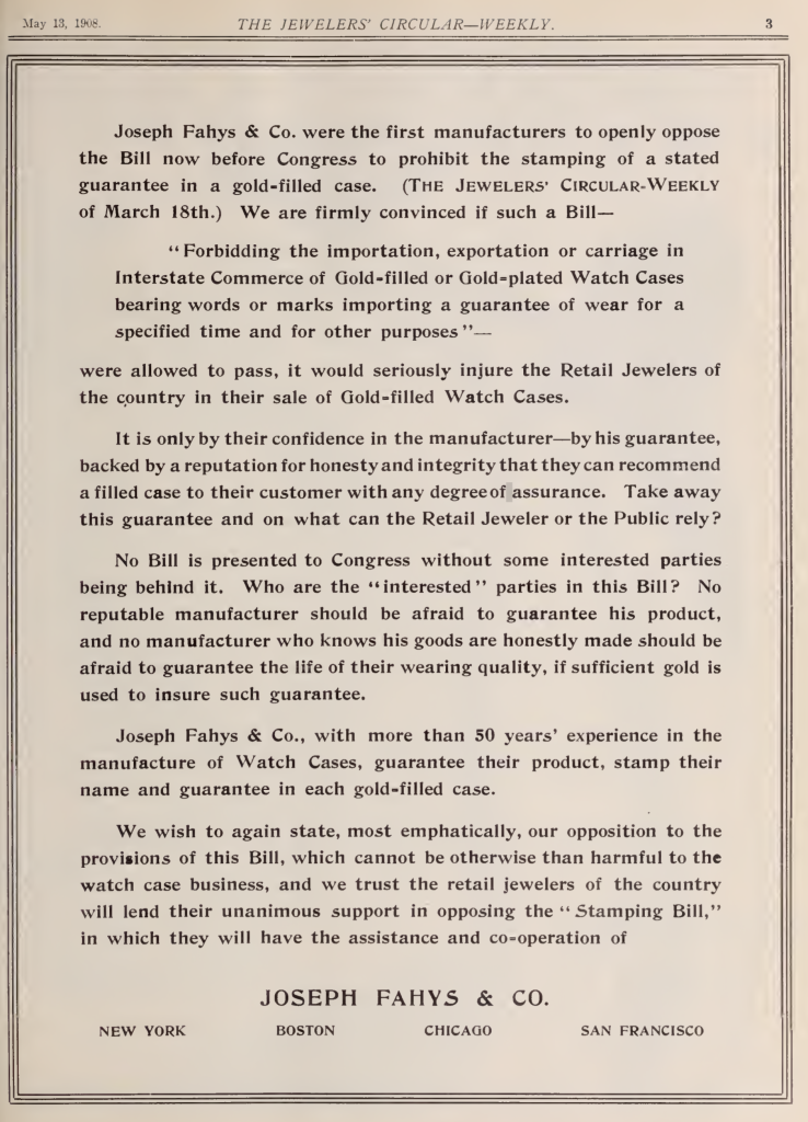 Fahys' Letter Opposing the Vreeland Stamping Bill
The Jewelers' Circular, May 13, 1908